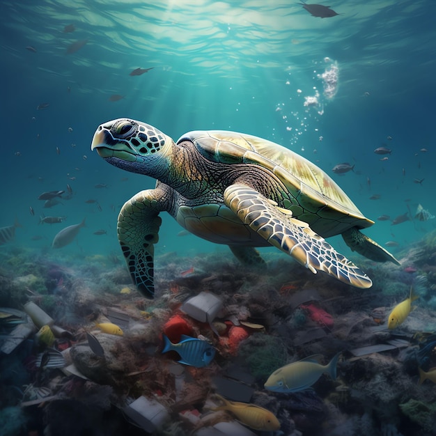 uma tartaruga no meio do mar suja com lixo