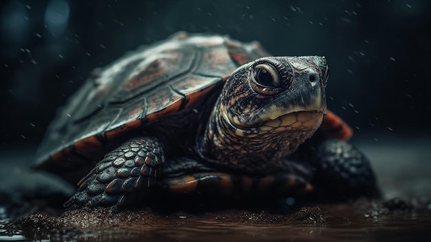 Uma tartaruga senta-se em uma superfície molhada em frente a uma gota de chuva.