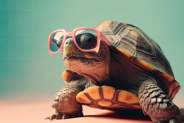 Uma tartaruga usando óculos cor de rosa e um fundo verde