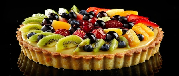 Uma tarte de frutas colorida com bagas frescas, kiwi e fatias de pêssego em uma mesa de madeira rústica