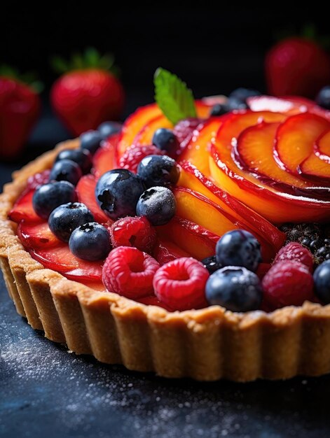 uma tarte de frutas com fatias de frutas em cima