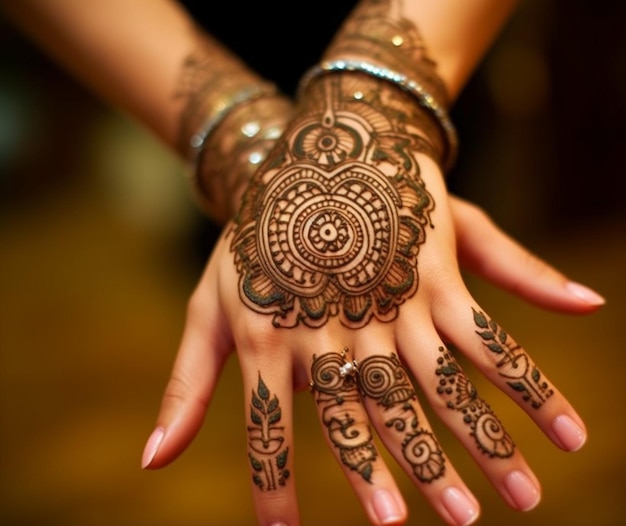 Uma tatuagem de henna intrincadamente projetada em uma mulher