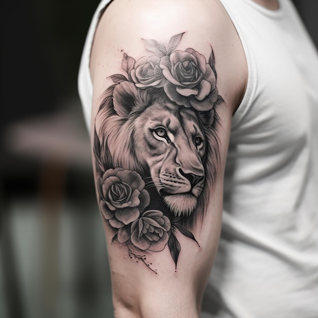 Uma tatuagem de leão com rosas no braço