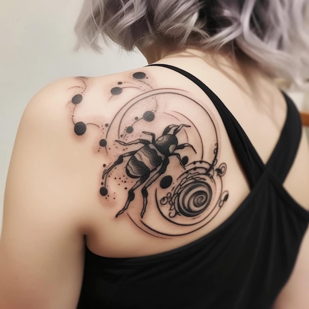 Uma tatuagem de um besouro e um caracol no ombro.