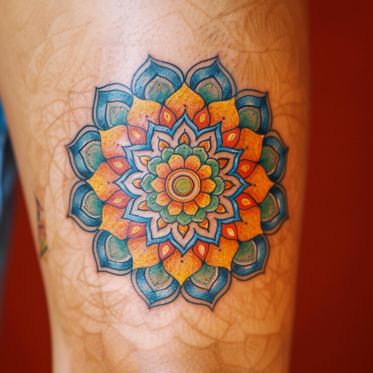 Foto uma tatuagem de uma flor que diz "mandalas" no lado