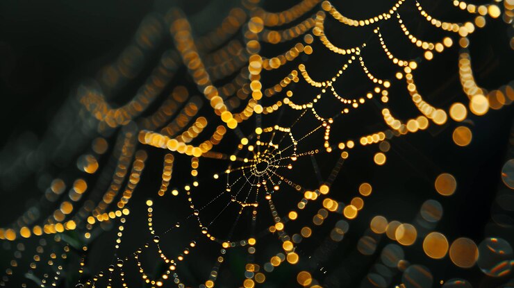 Foto uma teia de aranha coberta de gotas de orvalho que captam a luz solar