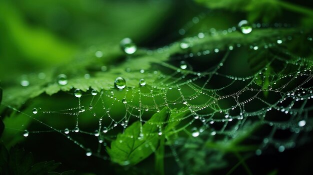 Foto uma teia de aranha coberta de orvalho senta-se numa folha verde