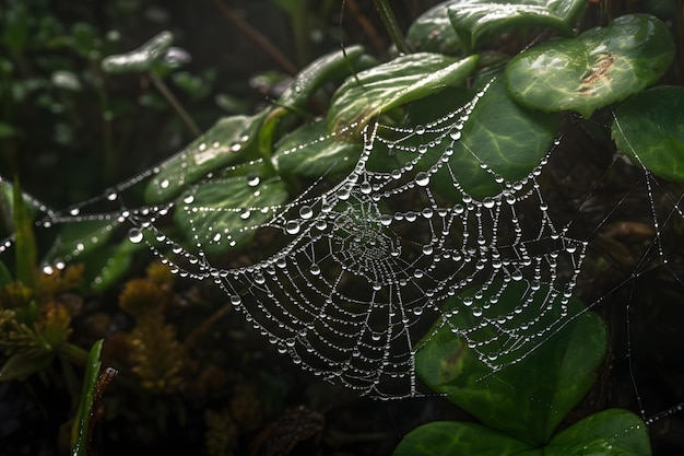 Uma teia de aranha com gotas de água