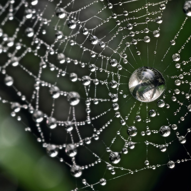 Uma teia de aranha com gotas de água