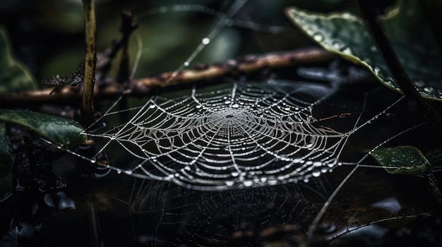 Uma teia de aranha está coberta de orvalho e tem a palavra aranha nela.