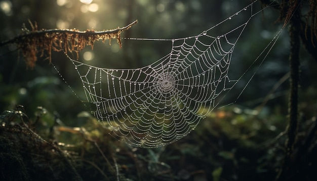 Uma teia de aranha paira na floresta com o sol brilhando por entre as folhas.