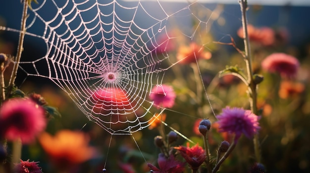 Uma teia de aranhas no centro de um jardim de flores Generative Ai