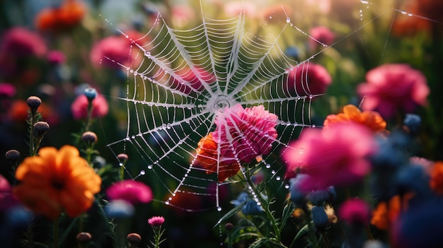 Uma teia de aranhas no centro de um jardim de flores Generative Ai