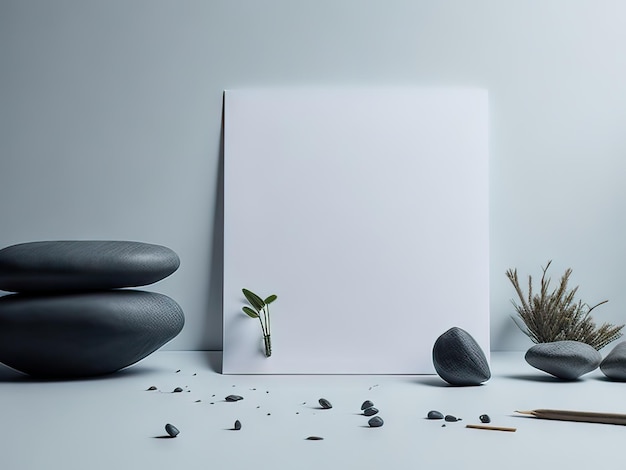 Uma tela branca com a imagem de uma planta e pedras.