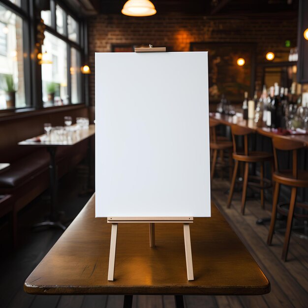 Uma tela branca em uma mesa de madeira em um restaurante ou bar com cadeiras e mesas ao fundo e