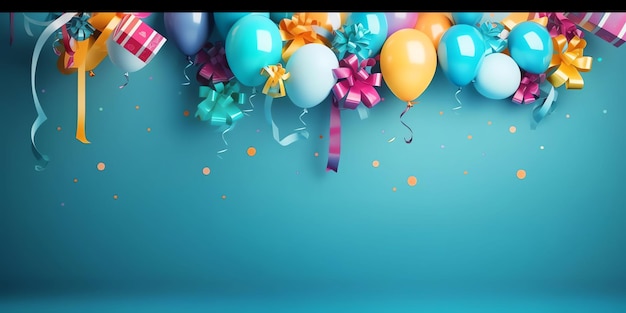 Uma tela com balões e uma fita que diz "parabéns".