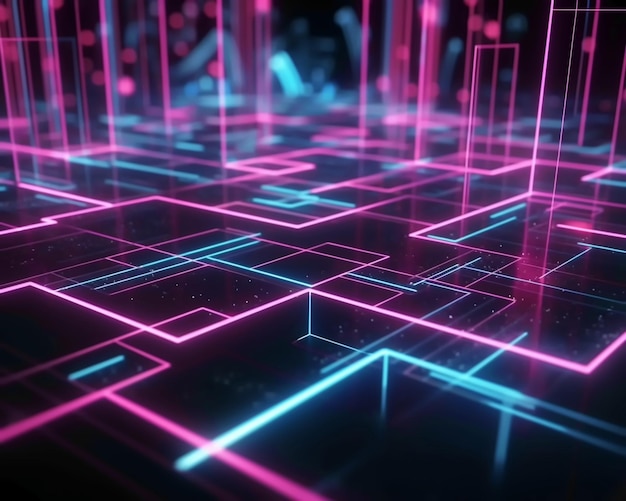 Uma tela de computador com luzes neon azuis e rosa