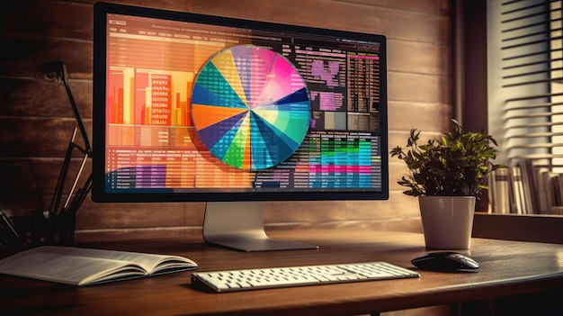 Foto uma tela de computador exibindo vários gráficos e tortas de relatórios financeiros no plano de fundo do escritório corporativo generative ai aig32
