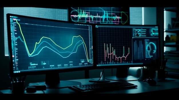 Uma tela de computador exibindo vários relatórios financeiros e gráficos e uma torta representando a ideia de análise de dados e tomada de decisões estratégicas em gerenciamento de negócios Generative AI