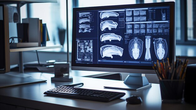 uma tela de computador mostra um cérebro humano e ossos