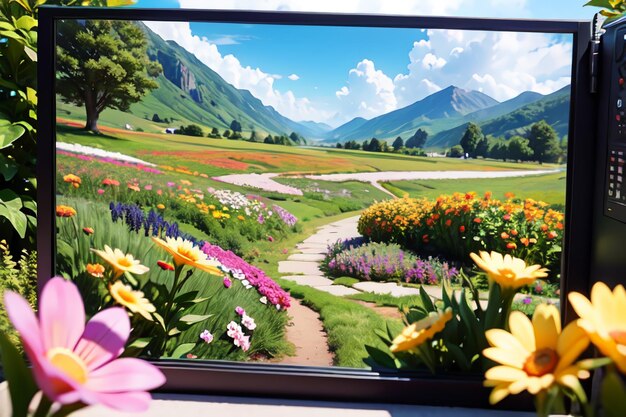 Uma tela de computador mostra uma paisagem com flores e uma montanha ao fundo.