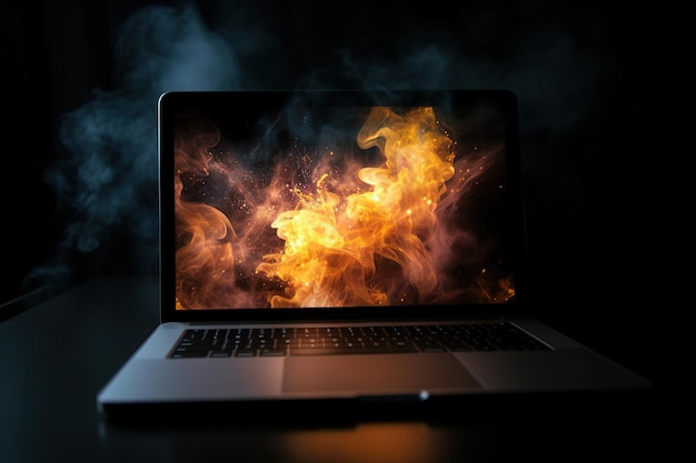 Uma tela de laptop com fogo