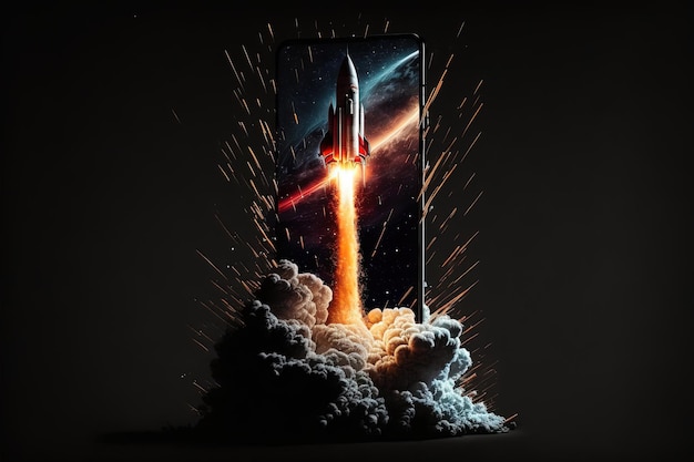Uma tela de telefone com um foguete sendo lançado no espaço
