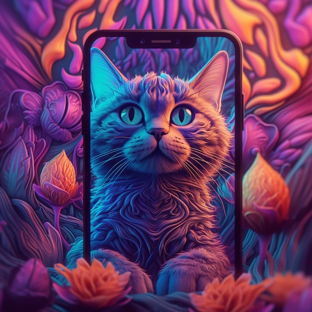 Uma tela de telefone com um gato iluminado com um fundo roxo.