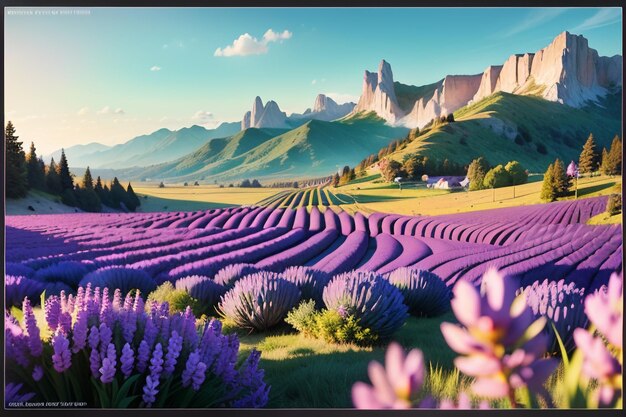 Uma tela de tv mostra um campo de lavanda e montanhas.