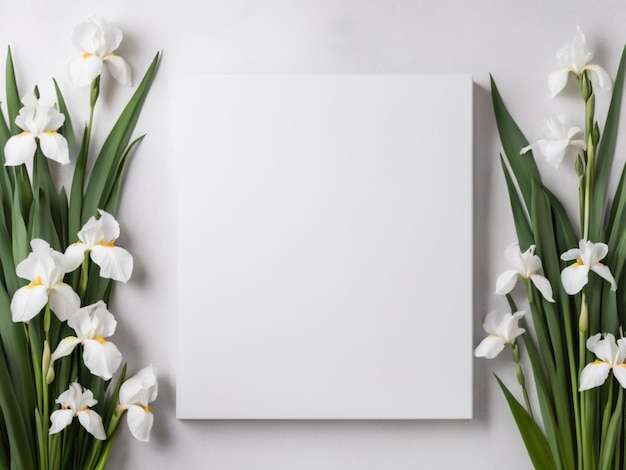 Uma tela em branco com uma paleta branca cercada por íris brancas em flor