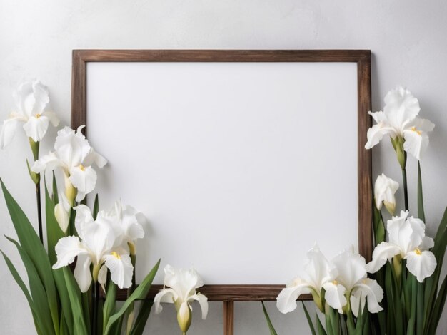 Uma tela em branco com uma paleta branca cercada por íris brancas em flor