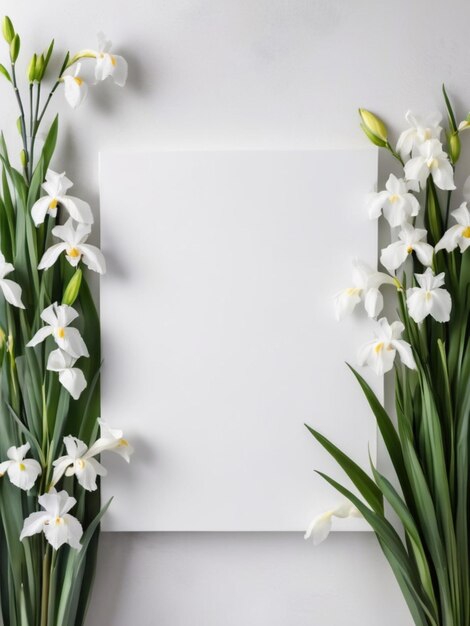 Uma tela em branco com uma paleta branca cercada por íris brancas em flor