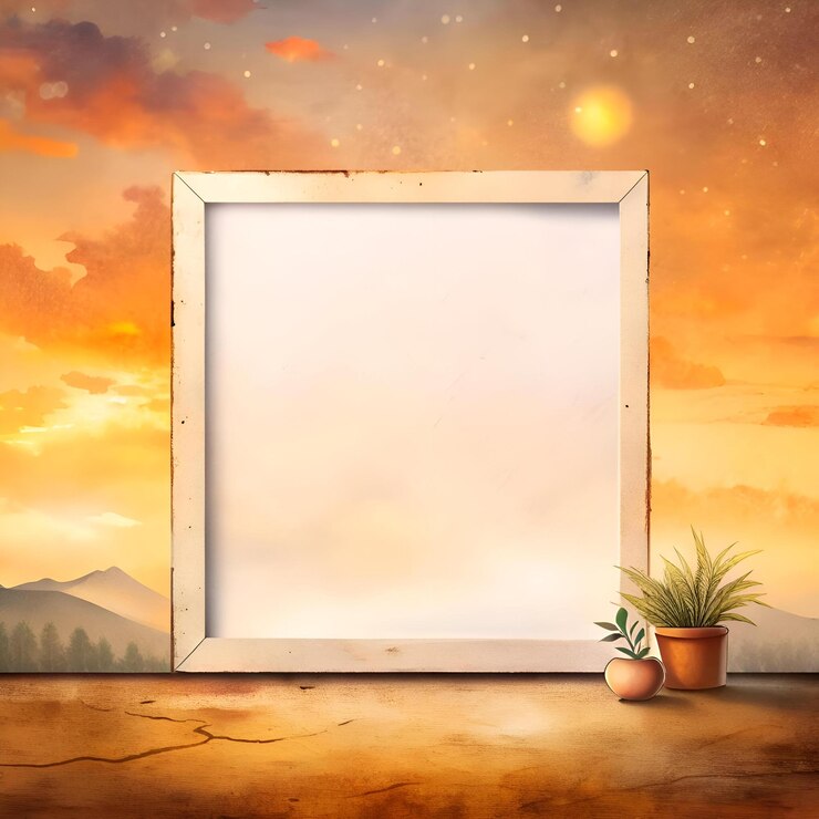 Uma tela em branco emoldurada contra um fundo de pôr-do-sol vibrante com uma mesa de madeira e plantas em vasos perfeitas para adicionar seu próprio texto ou design