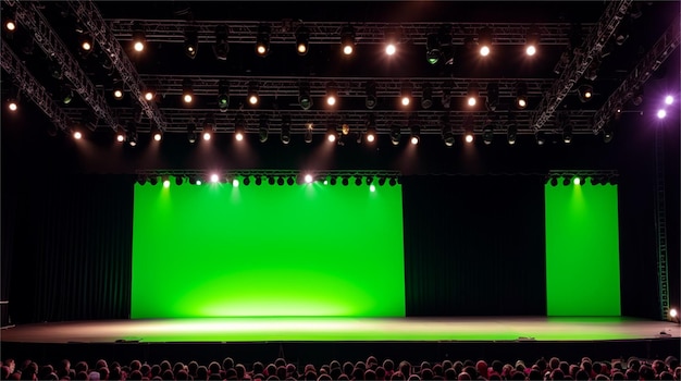Uma tela verde é iluminada em um palco em frente a uma tela verde.