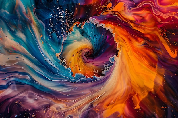 Uma tela vibrante cheia de cores giratórias onde a alegria líquida irrompe num reino infinito de imaginação abstrata