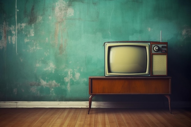 Uma televisão antiga em uma sala com espaço para cópia