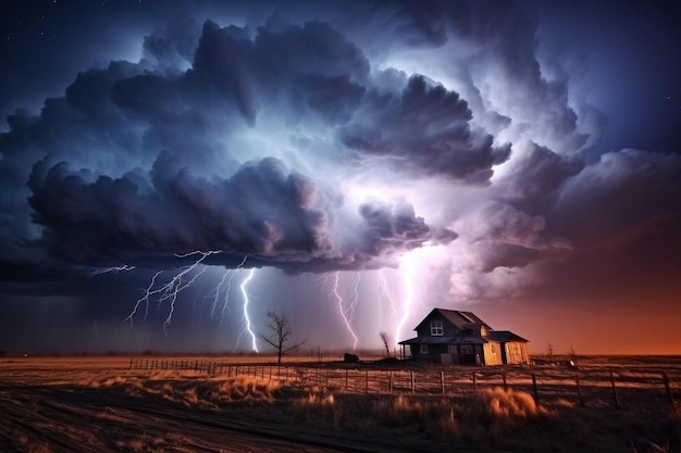 Uma tempestade com raios com uma casa e uma casa ao fundo.