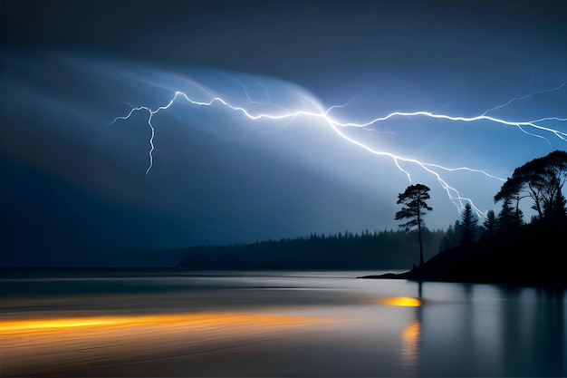 Uma tempestade com raios sobre um lago com uma árvore no lado esquerdo