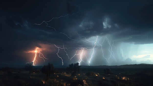 Uma tempestade com relâmpagos no céu