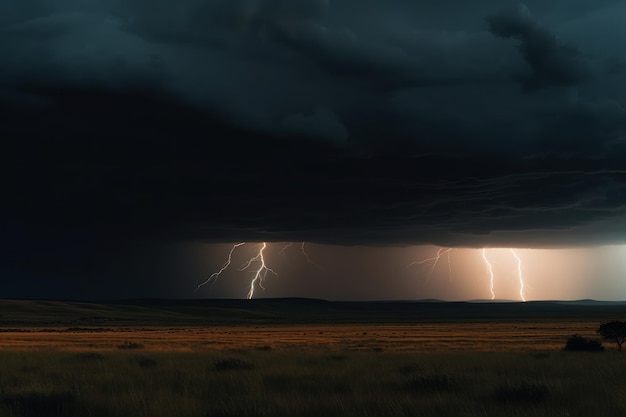 Uma tempestade com um céu escuro e relâmpagos