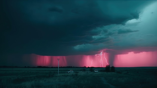 Uma tempestade com um céu rosa e roxo e um céu escuro com uma tempestade e relâmpagos.