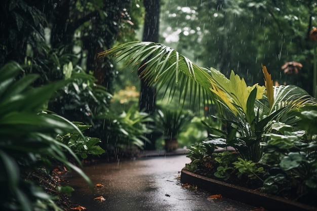 Uma tempestade de chuva está caindo em um jardim tropical.