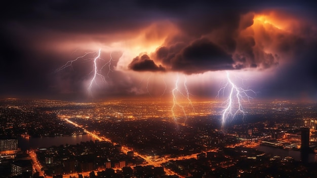 Uma tempestade de relâmpagos sobre uma cidade com um céu escuro e nuvens