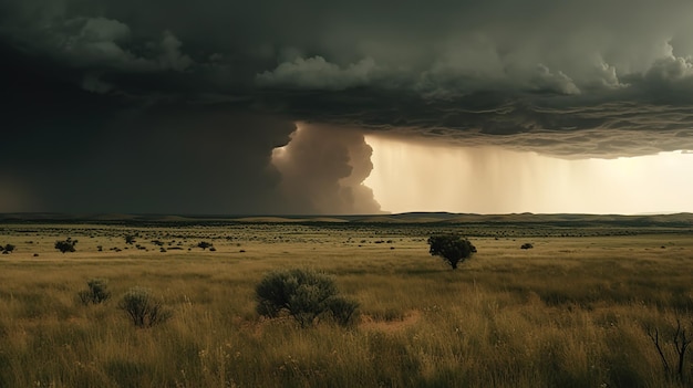 Uma tempestade está chegando sobre um campo com árvores e um campo verde.