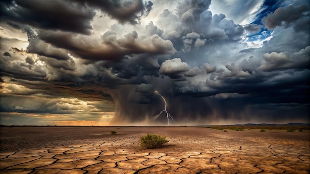 Uma tempestade está vindo sobre um deserto com um raio no céu