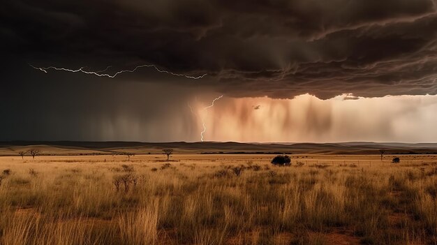 Uma tempestade no deserto com uma árvore em primeiro plano