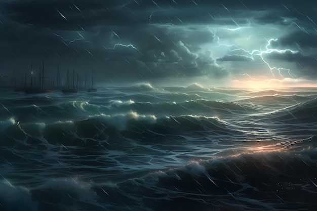 Uma tempestade no oceano com um raio no horizonte