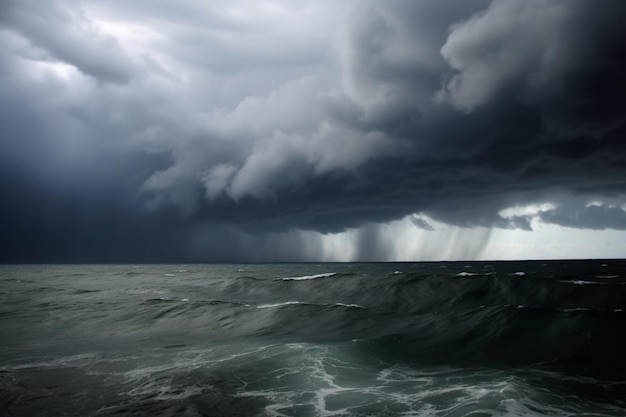 Uma tempestade sobre o oceano com um céu escuro e nuvens de chuva