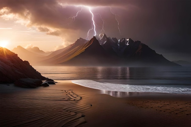 Uma tempestade sobre uma praia com montanhas ao fundo