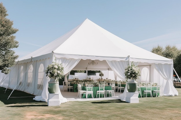 Foto uma tenda branca com uma toalha de mesa verde e cadeiras brancas com flores na grama